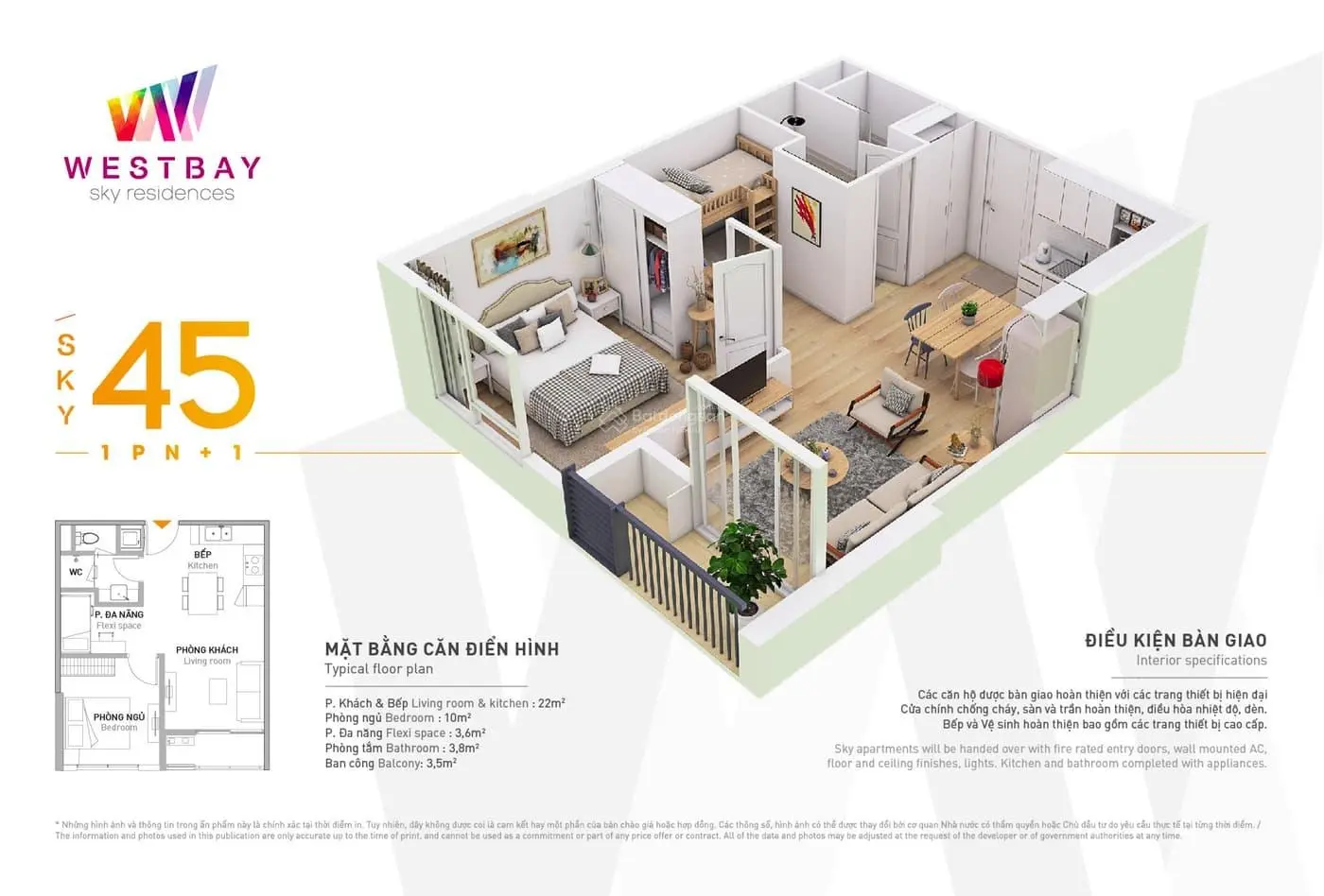 Bán căn hộ 1 phòng ngủ 45m2, ban công Tây Nam - Chung cư West Bay, Khu đô thị Ecopark