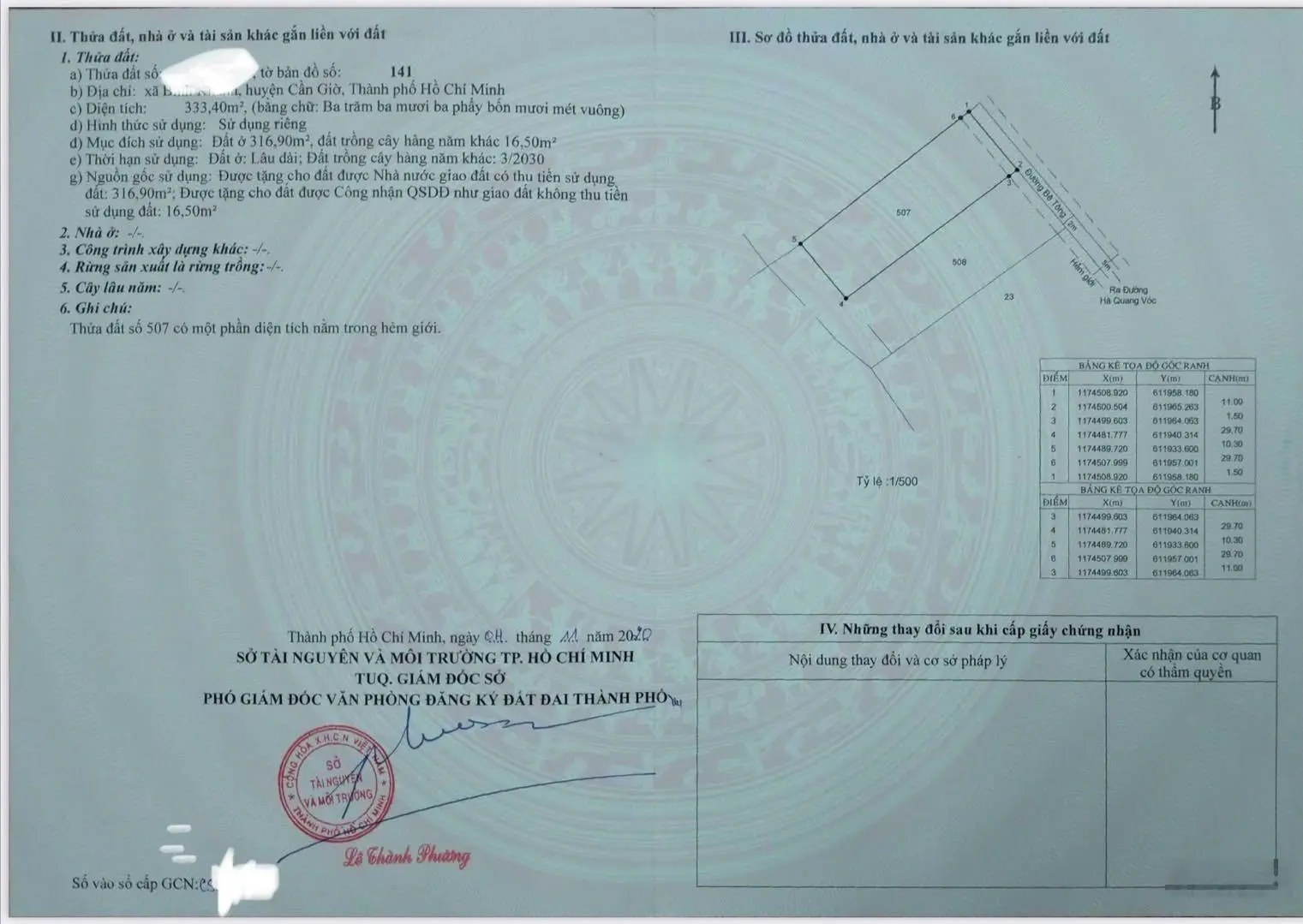 Chính chủ bán 333,4m2 (đã chuyển mục đích sang đất ở 316,9 m2) khu dân cư ấp Bình Thạnh