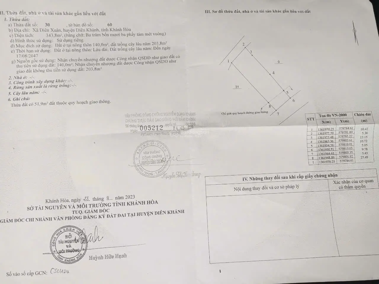 Cần bán căn nhà Diên Xuân DT 344m2 có 2 mặt tiền trước sau - đường betong 4m ngay KDC - giá 1.2ty