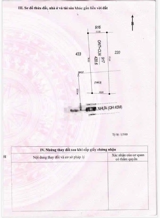 Đất thổ cư, 420,6m2, mặt tiền đường 45m, đất có sổ đỏ