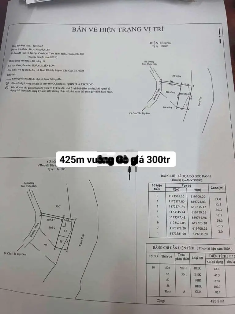 Bán đất khu dân cư hiện hữu giá 250 tỷ, diện tích 425 m2, tại Tam Thôn Hiệp, huyện Cần Giờ