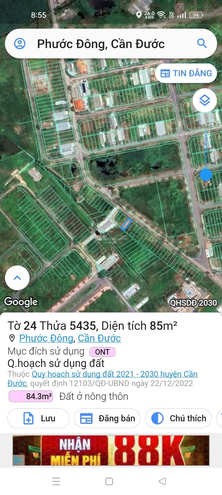 Nền TĐC Phước Đông DT 85m2. LH 0352 530 ***