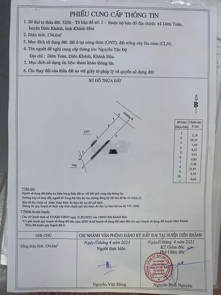 chính chủ gửi bán Đất mặt tiền đường Huỳnh Thúc Kháng - Diên Toàn