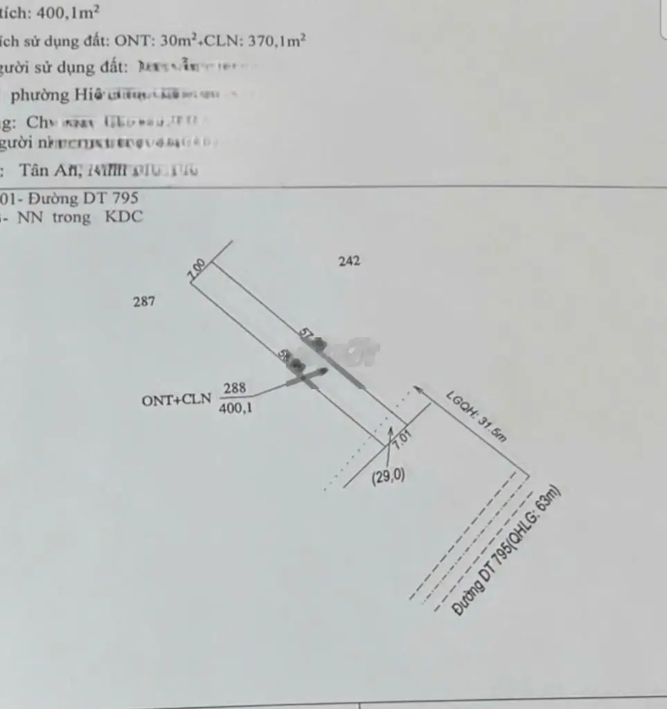 BÁN LÔ ĐẤT : mặt tiền Ng Chí Thanh (DT 795), TN, DT : 7x57m gần coop