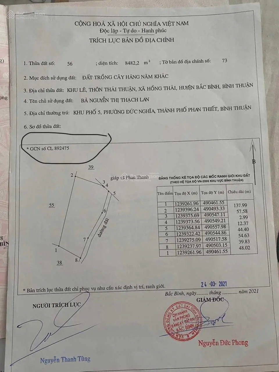 Chính chủ bán đất xã Hồng Thái Bắc Bình, Bình Thuận 8.482m2 MT 140m LH chính chủ Ms Thùy 0989 030 ***