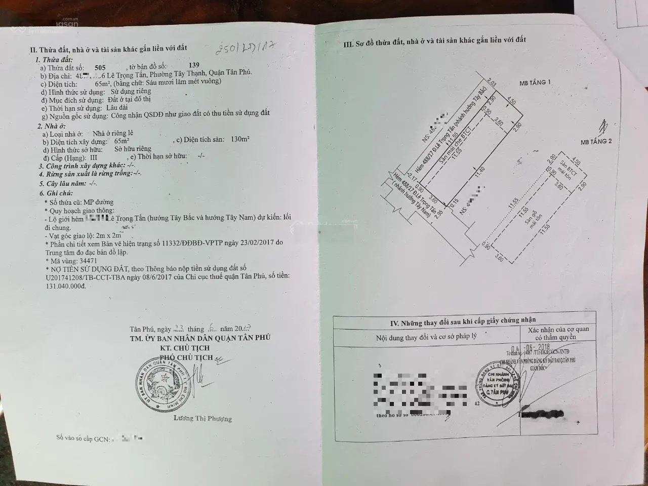 Bán nhà hẻm 3m Lê Trọng Tấn P.Tây Thạnh Quận Tân Phú giá 5,4tỷ - 65m2