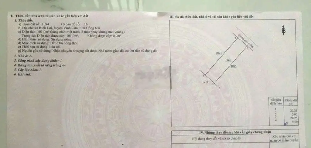 Bán đất đường xóm Giữa,Bình lợi Vĩnh Cửu Đồng Nai.Sổ riêng t.cư 101m2