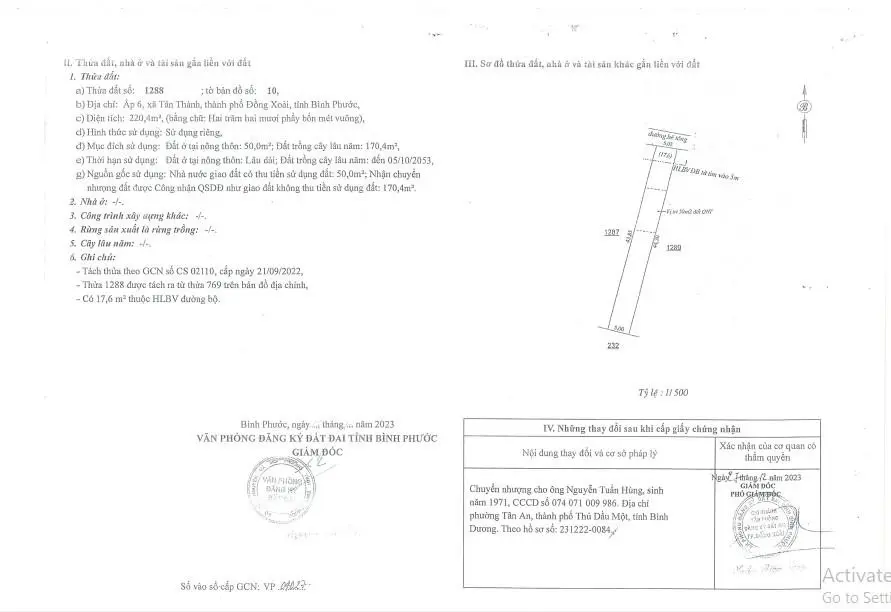 Lô đất sổ riêng 220m2 giá 100% 660tr có thổ cư ngay Cạnh KCN Đồng Xoài 1,2. Có hỗ trợ NH 70%