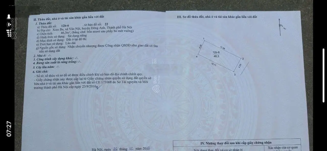 Bán nhanh 46.3m2 xóm Ba, Vân Nội, Đông Anh, Hà Nội. Ô tô vào tận nhà, thông vòng quanh