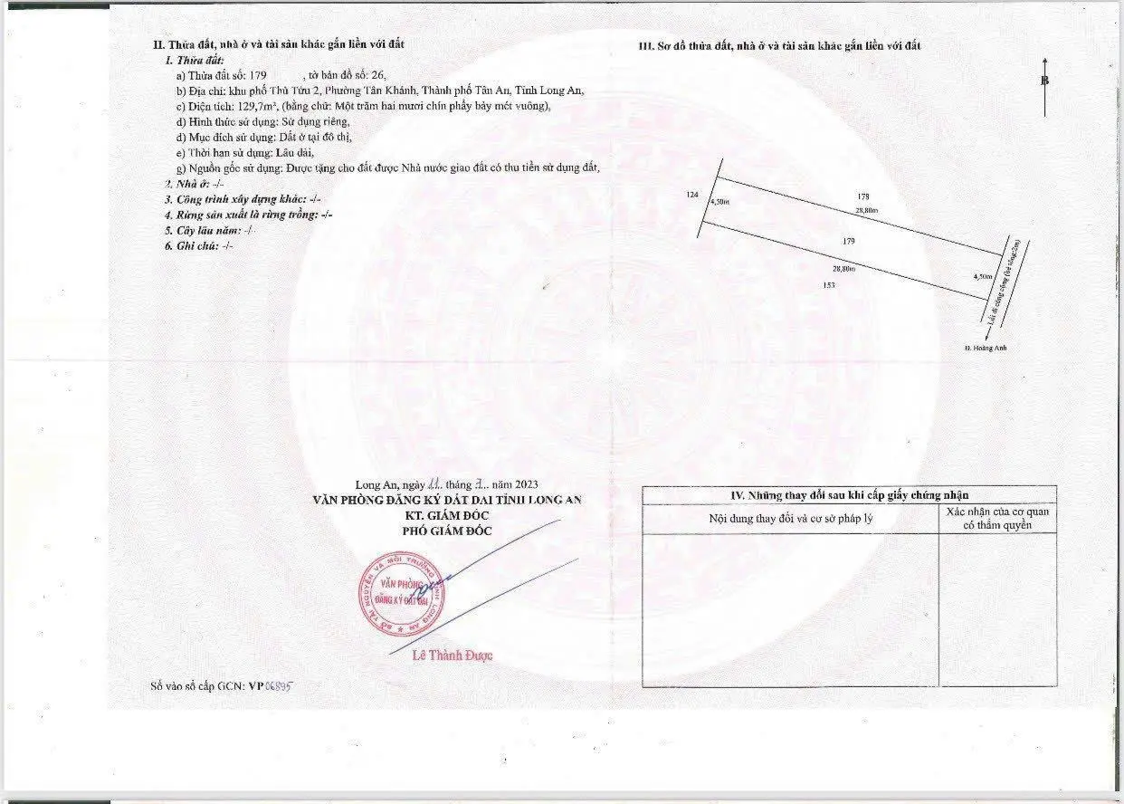 Chính chủ bán lô đất 129m2, đường Hoàng Anh, phường Tân Khánh, tp Tân An, Long An