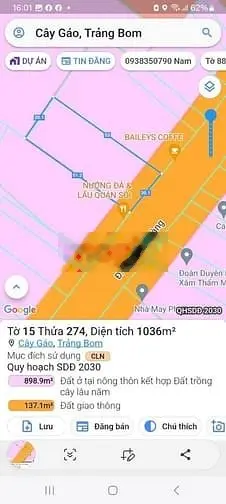 Bán 1036m, Có 898m thổ cư, Mặt Tiền đường Nguyễn Hoàng, xã Cây Gáo, TB