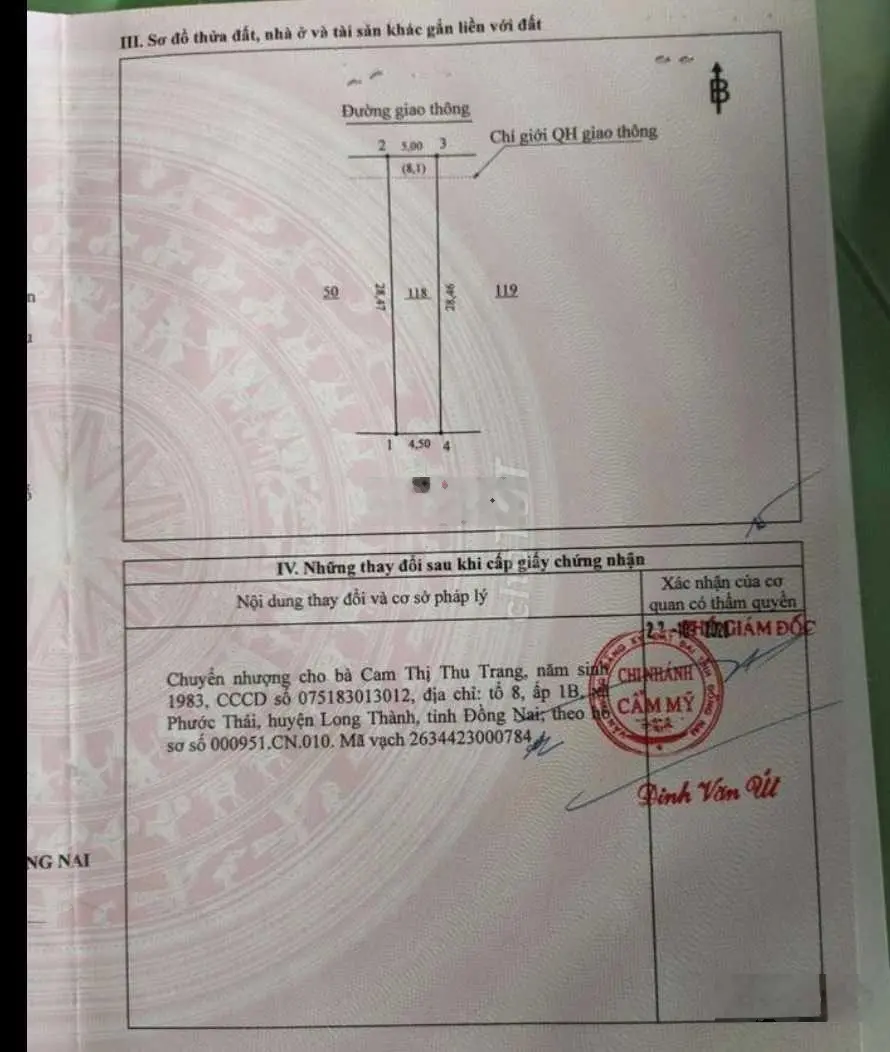 Bán đất khu dân cư xã Xuân Mỹ huyện Cẩm Mỹ giá thương lượng, diện tích 135 m2