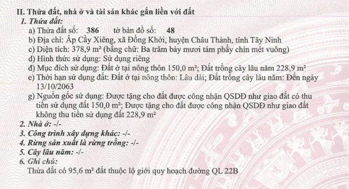 Bán đất mặt tiền 6,5m, QL22B, Cầy Xiêng, xã Đồng Khởi, Châu Thành, Tây Ninh (chính chủ 100%)