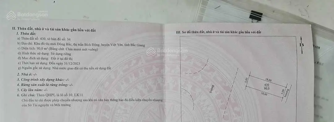 Việt Yên lên thị xã. Chính chủ tiếc lắm nhưng vẫn phải cắt lỗ lô đất 90m2 mặt đường 26m