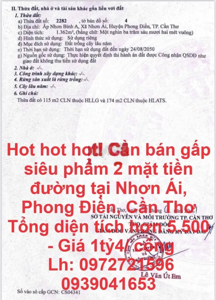 Cần bán gấp siêu phẩm 2 mặt tiền đường tại Nhơn Ái, Phong Điền,Cần Thơ