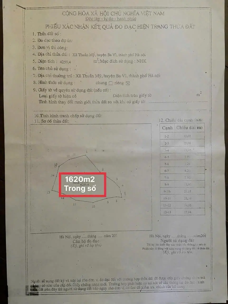 Chỉ 3,4tỷ cho đất thôn 1 Thuần Mỹ, Ba Vì, HN. Tổng DT 4259,4m2, DT trong sổ 1692m2 (có 400m2 đất ở)