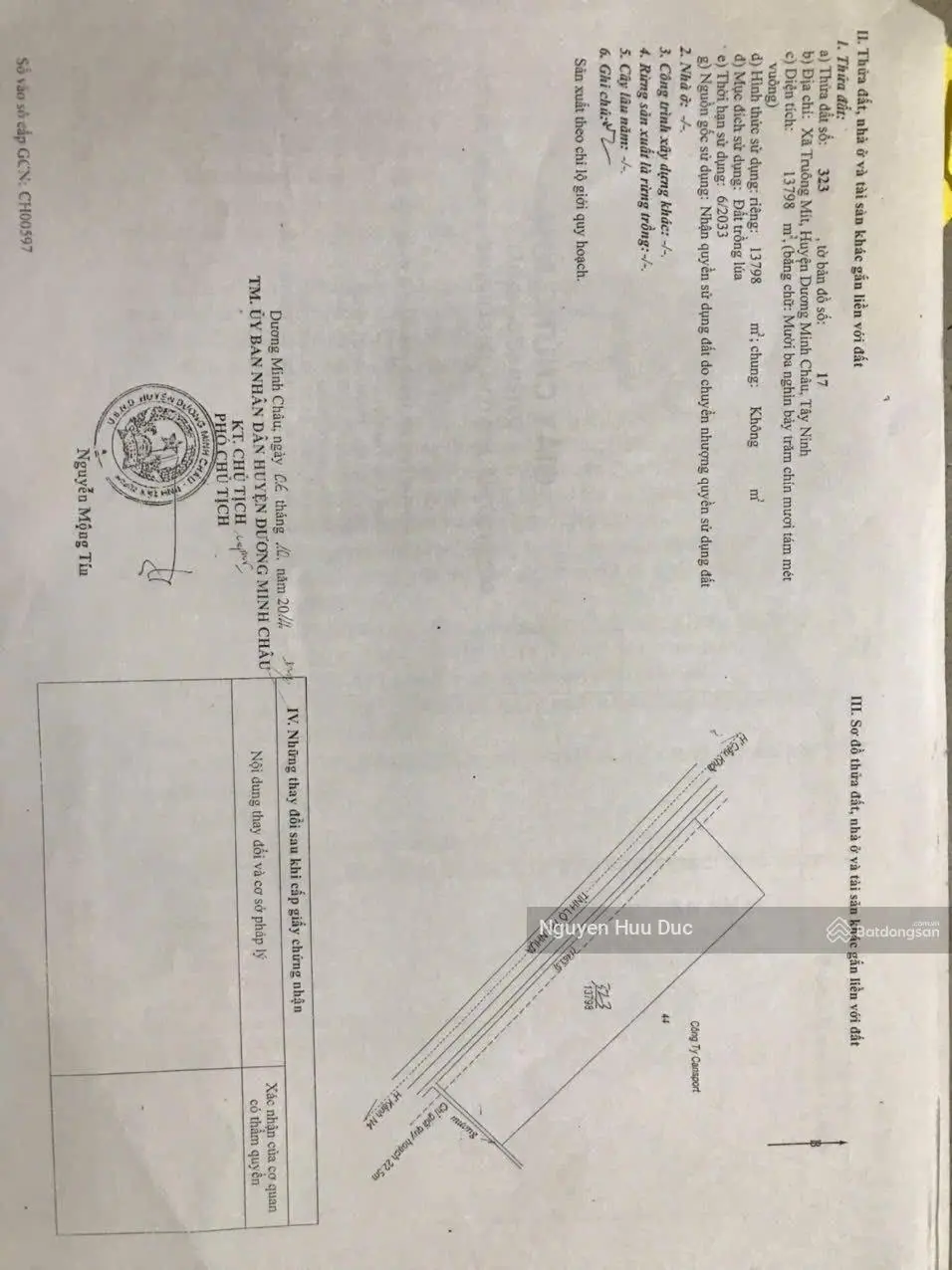 Bán đất mặt tiền DT 784 xã truông mít ,H dương minh châu , Tây Ninh ( 225 x 60 ) 2,2tr/ m2