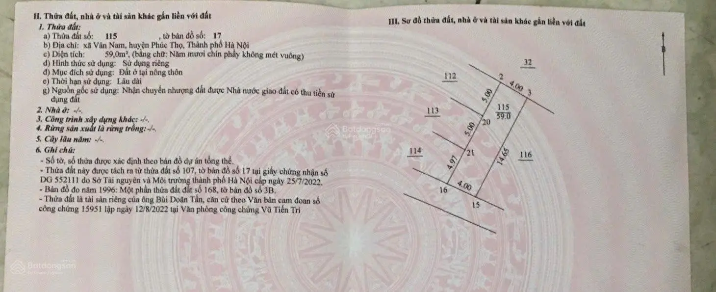 Cần bán mảnh đất Vân Nam Phúc Thọ Dt 59m. Ô tô đỗ cửa.