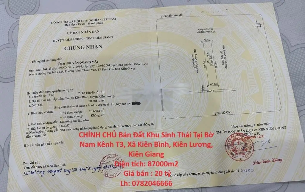 Đất Khu Sinh Thái Bờ Nam Kênh T3, Xã Kiên Bình, Kiên Lương, Kiên Giang