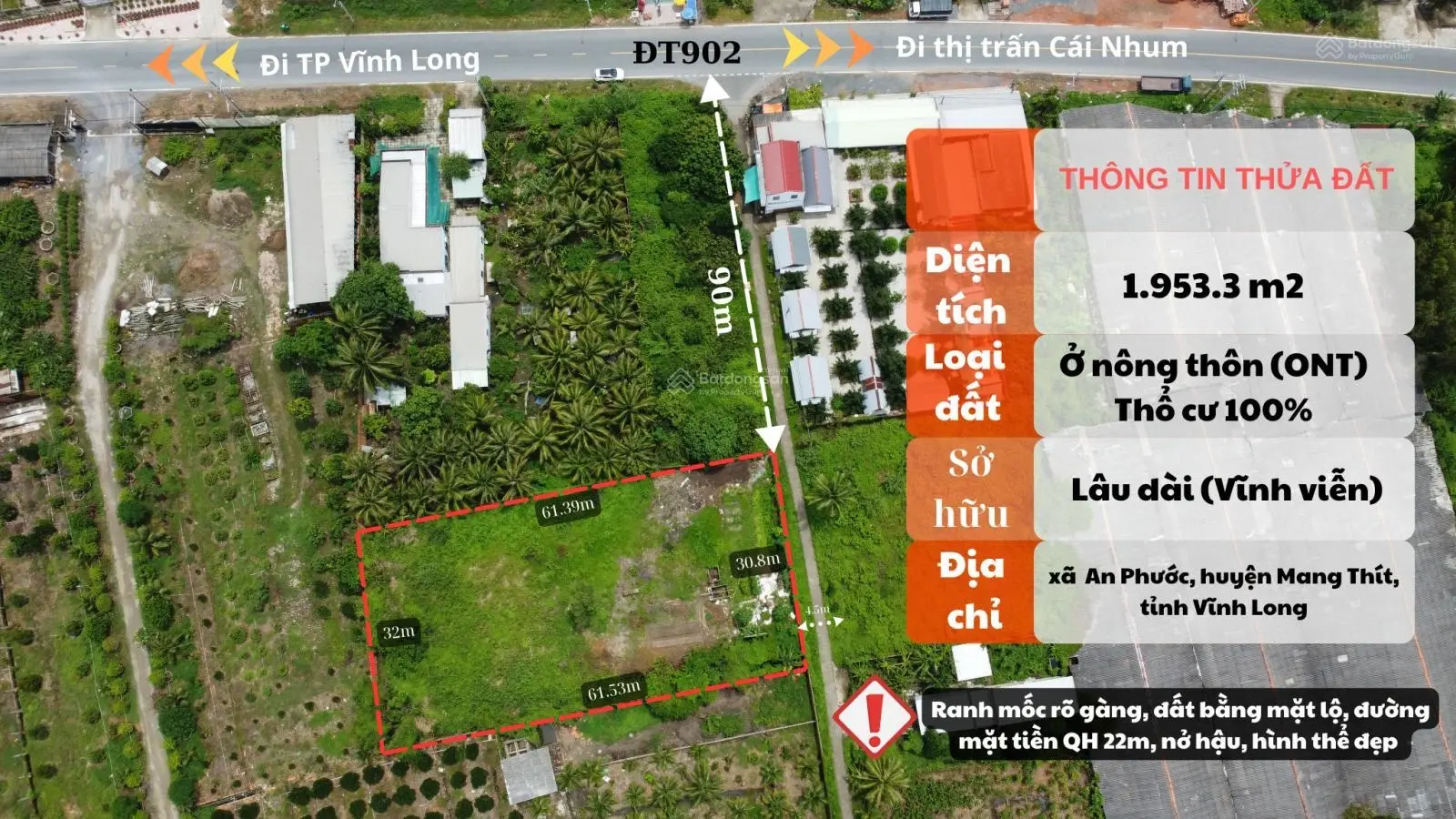 Bán 2000m2 thổ 100% tại An Phước, mặt tiền 32m nở hậu, đất vuông vức đẹp, cách TL 902 90m