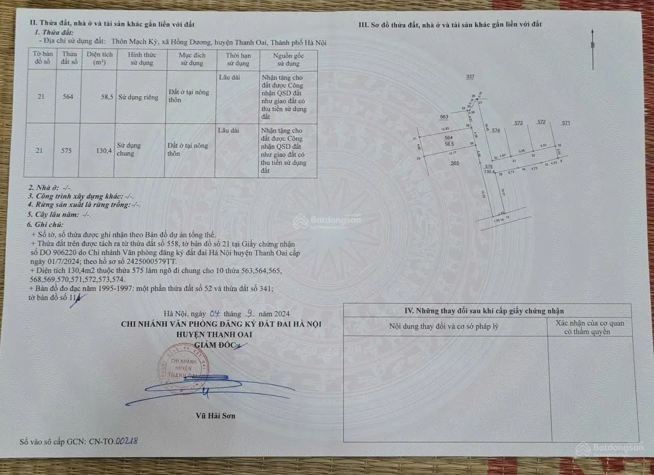 Chính chủ bán 3 lô đất diện tích 55,4m - 58,5m2 Vị trí thôn Mạch Kỳ, Hồng Dương, Thanh Oai