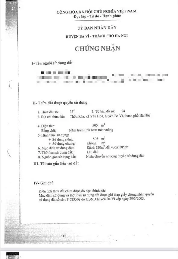 Chính chủ giao bán - 505m2 đất Vân Hòa - Ba Vì - Hà Nội sang tên ngay