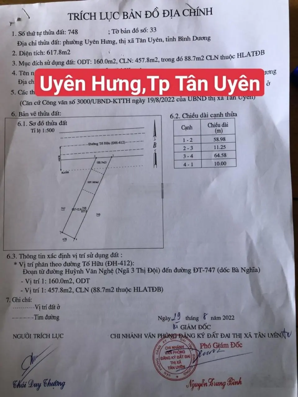 Bán lô đất mặt đường Tố Hữu, phường Uyên Hưng, Tp Tân Uyên, Bình Dương. Kinh doanh vip