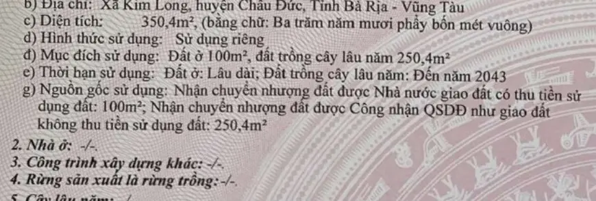 Bán miếng đất thổ cư mặt tiền đường nhựa tại thị trấn Kim Long, Châu Đức, BRVT