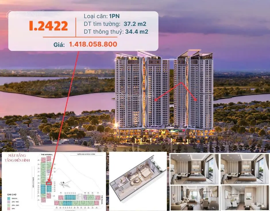 Đầu tư sinh lời cao VIC Grand Square 34m2 1PN, tầng đẹp hướng mát giá 1,418 tỷ