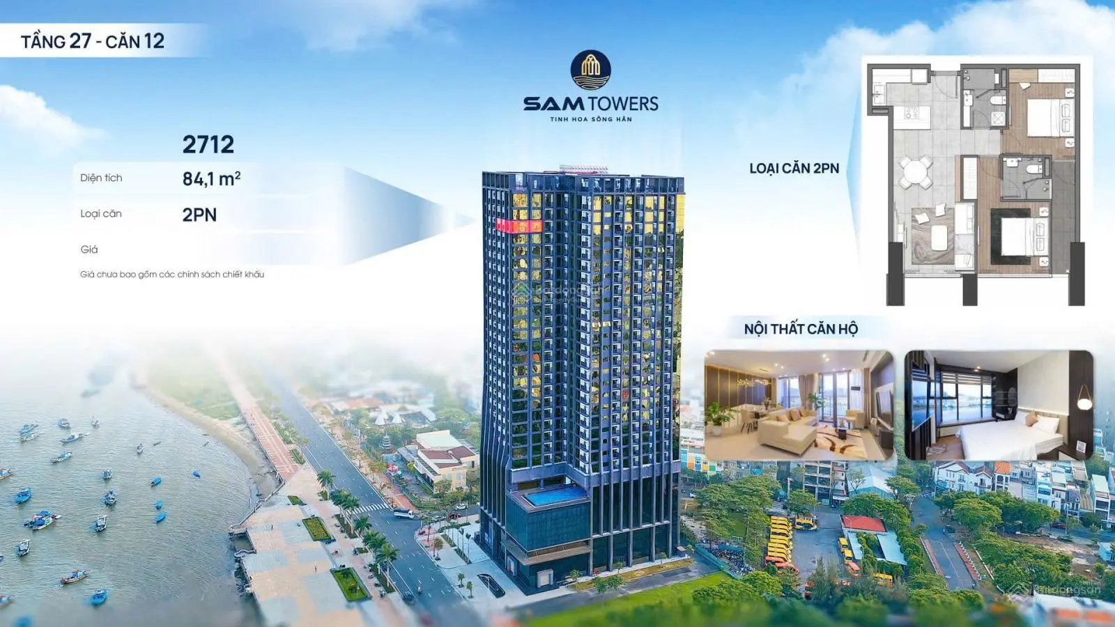 Căn góc 2 phòng ngủ SAM Tower rộng 84m2 view trực diện sông hàn, biển, vịnh, núi đà nẵng