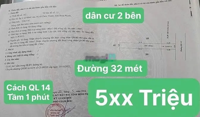 ĐẤT NGỘP Minh Lập, CHƠN THÀNH 5m nhựa đường liên huyện 32 mét Dân Đông