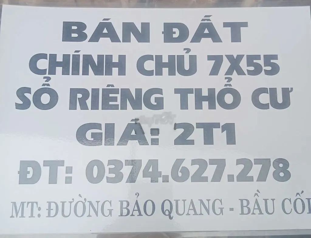 Bán đất mặt tiền đường nhựa thổ cư, sổ riêng,chính chủ dt:7*55m