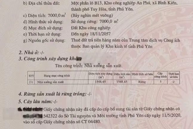 Chuyển nhượng dự án 7000m2 trong khu công nghiệp An Phú TP Tùy Hòa Phú Yên