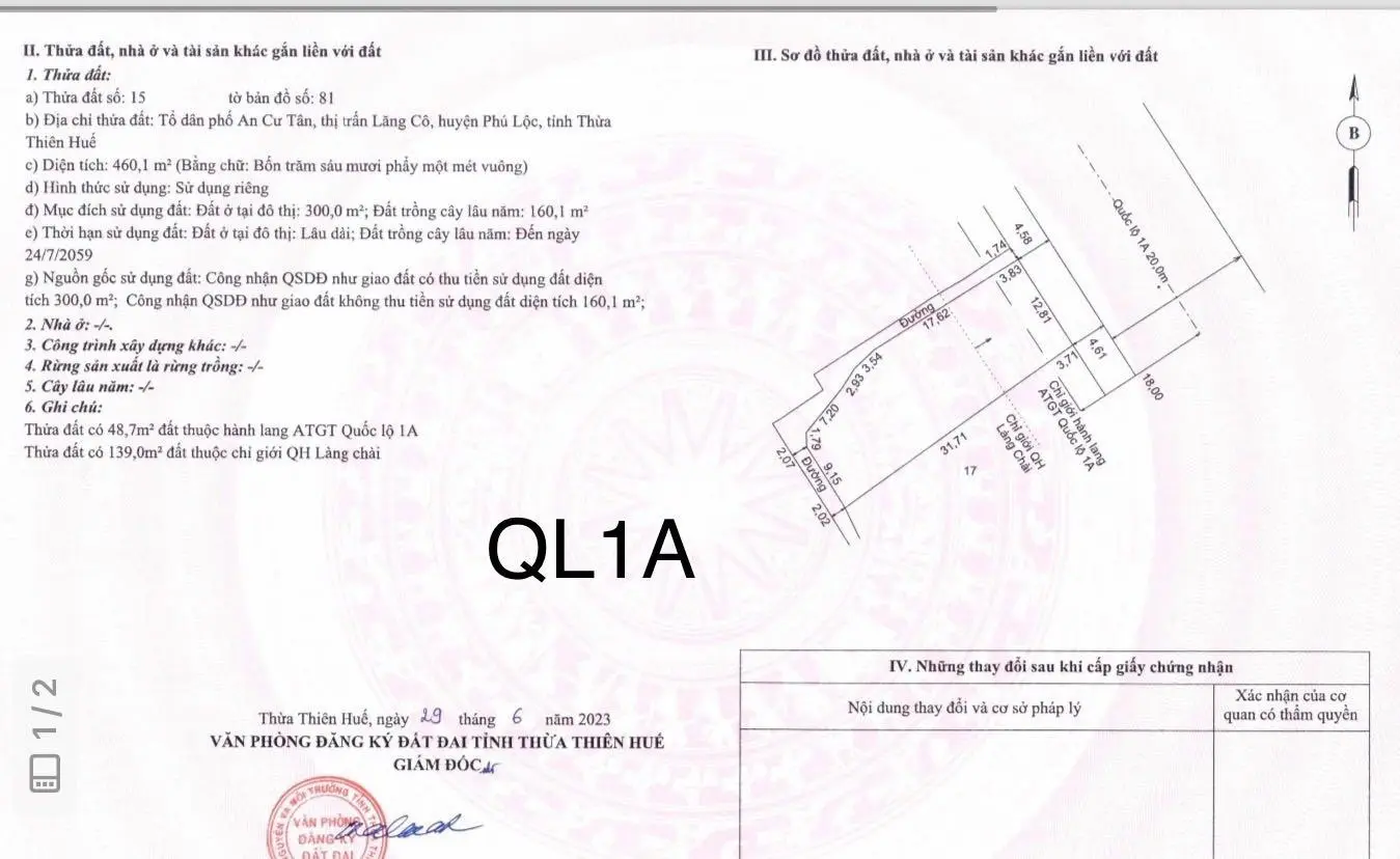 Bán thửa đất ngay mặt tiền đường QL1A - Mặt tiền rộng hơn 12m, có 300 m2 đất ở - Giá đầu tư