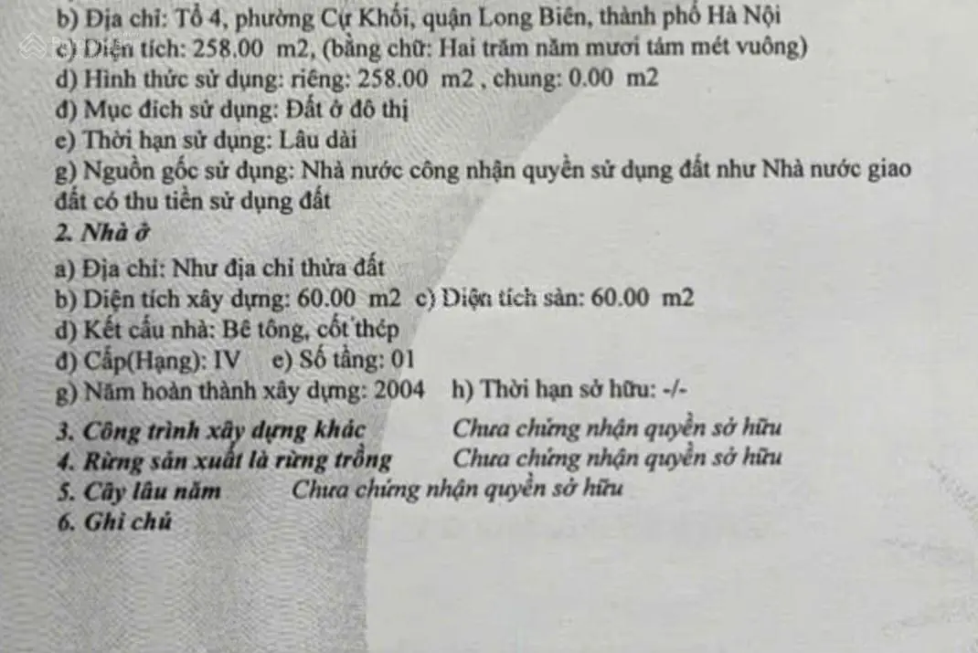 Bán 258m2 full thổ cư tổ 4, Cự khối, MT 14m, đường 3m giá 50tr/1m (có thỏa thuận chút)