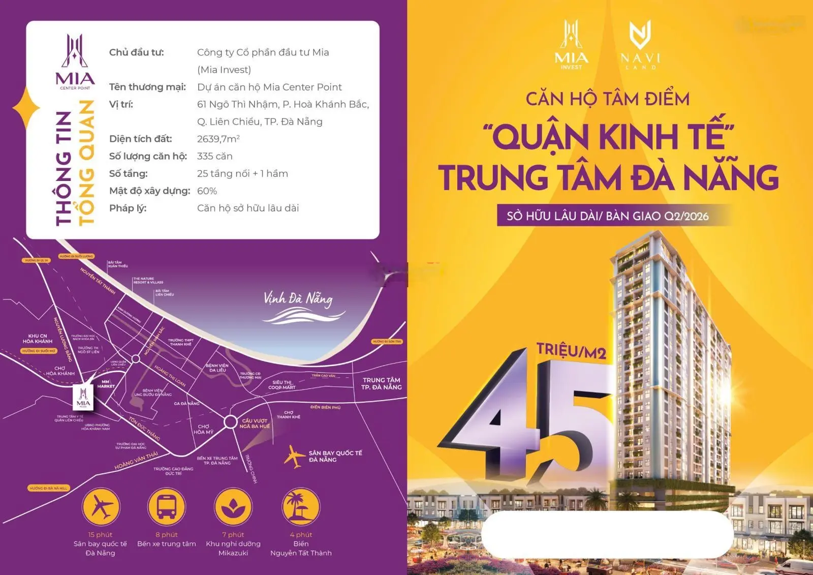 Căn Hộ Chung Cư 2 Ngủ giá tốt 45tr/m2, Ngay Liên Chiểu, Đà Nẵng, Booking 50tr, View biển, View núi