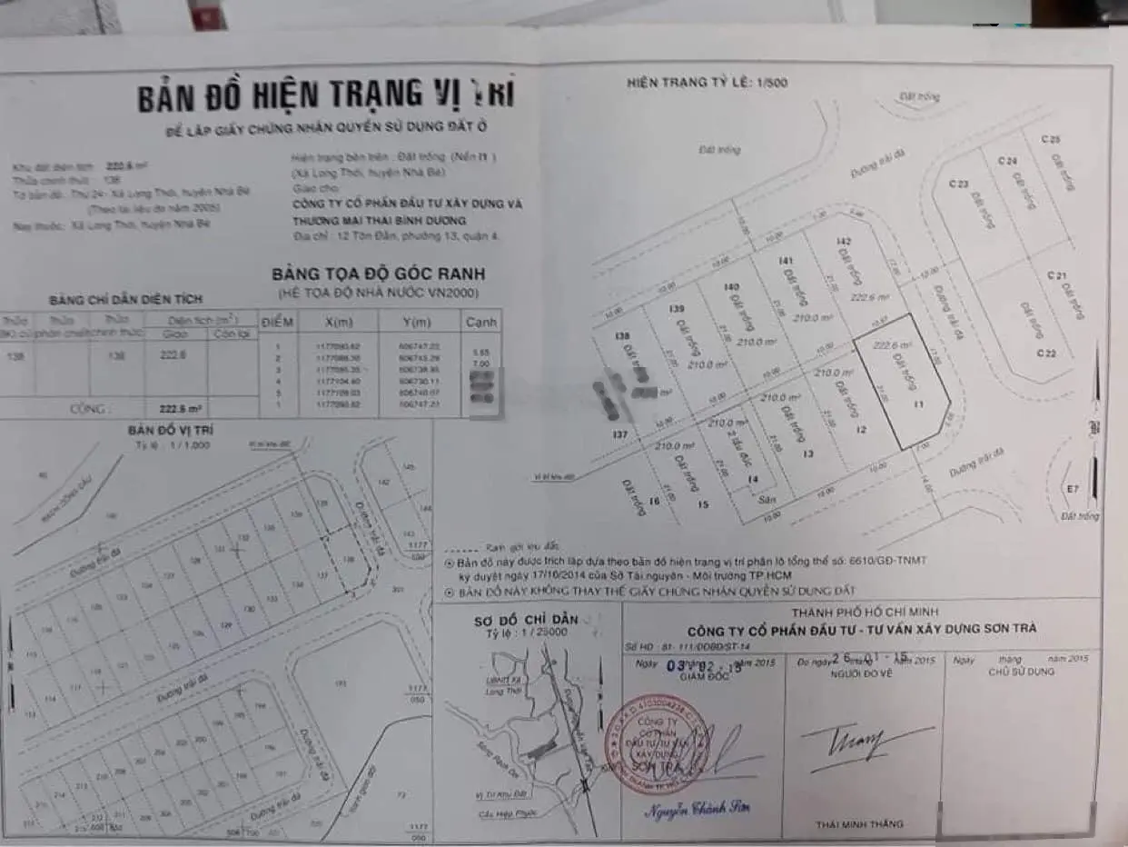 Bán lô đất góc 2 mặt tiền KDC Long Thới Nhà Bè DT 222.6m2 sổ cầm tay xây dựng ngay giá 29tr/m2