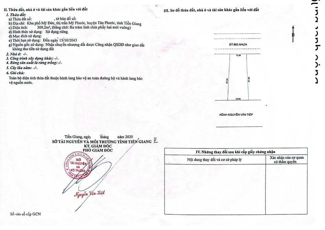 Chính chủ cần bán mặt tiền Tỉnh Lộ 865, KP Mỹ Đức, xã Mỹ Phước, Tân Phước, Tiền Giang giá 2.2 tỷ