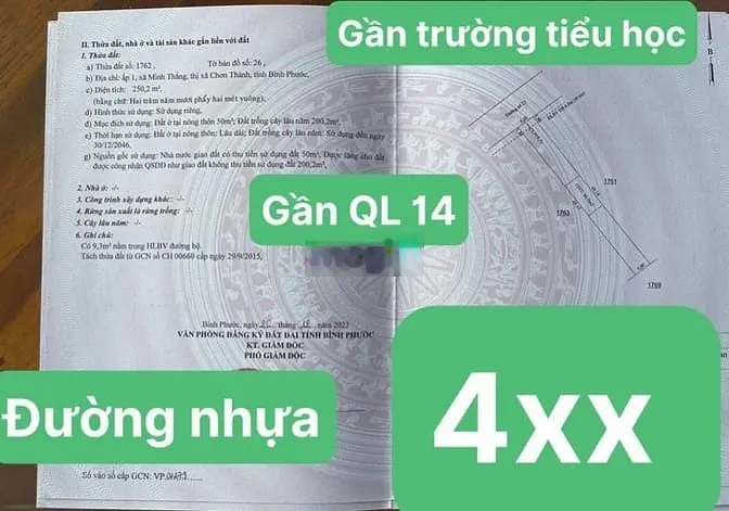 ĐẤT THỊ XÃ CHƠN THÀNH Mặt tiền đường nhựa giá hơn 400 triệu