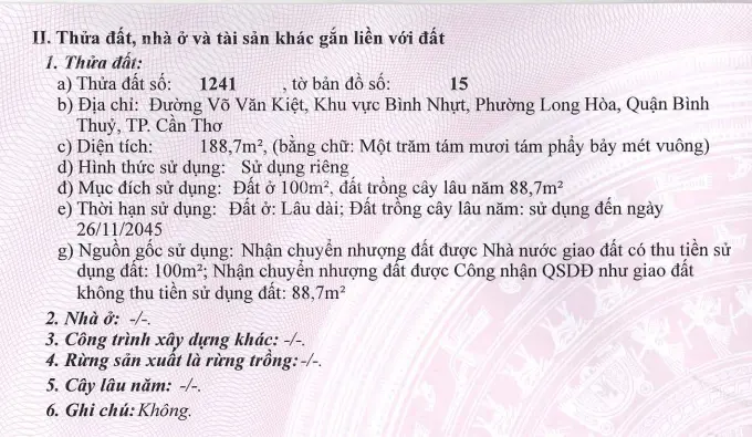 Thông báo đấu giá tài sản tại Q.Bình Thuỷ, TP Cần Thơ, DT 188m2, SHR