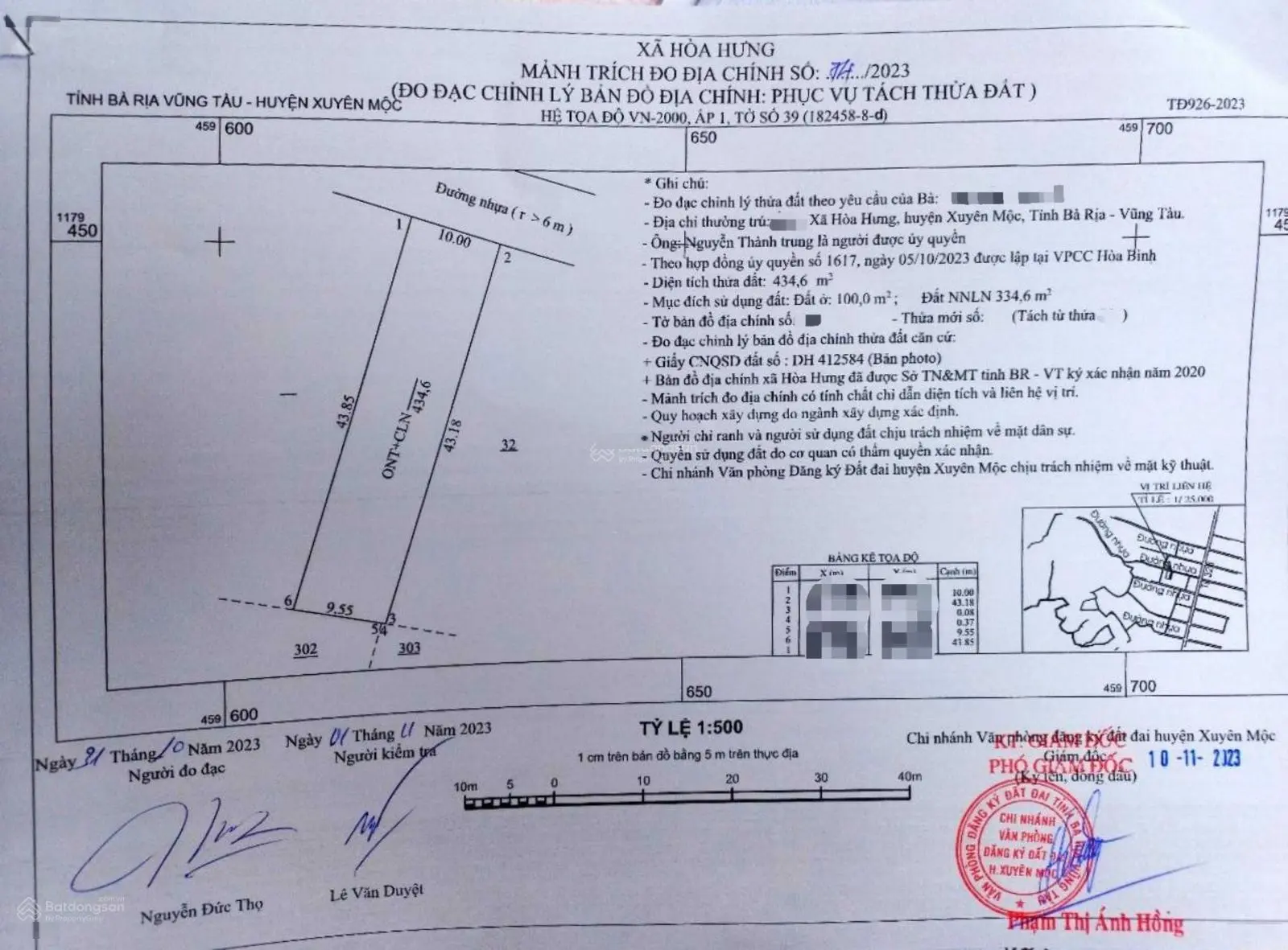 Bán 10x43, 100 thổ cư; 150m ra Tỉnh lộ 328; đường rộng 10m; xã Hòa Hưng, H. Xuyên Mộc, BR - VT