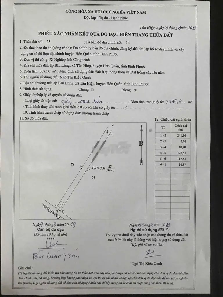 Bán 3375,6m2 đất : ONT: 411m2, Cây lâu năm 2964m2