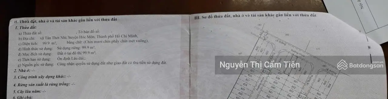 Chuyển nhượng gấp thổ cư khu dân cư 1/ ngắn Dương Công Khi, Tân Thới Nhì DT 99.9m2 SHR