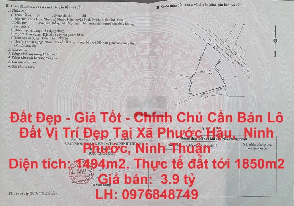 Cần Bán Lô Đất Vị Trí Đẹp Tại Xã Phước Hậu, Ninh Phước, Ninh Thuận