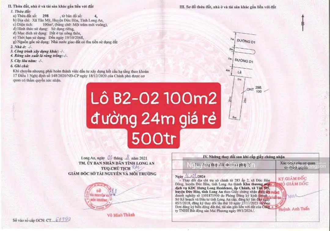 ƯU ĐÃI khách hàng đầu tư Hưng Long Residend bán gấp 4 lô 2 mặt tiền 10x20 đường 24m Giá 450tr!