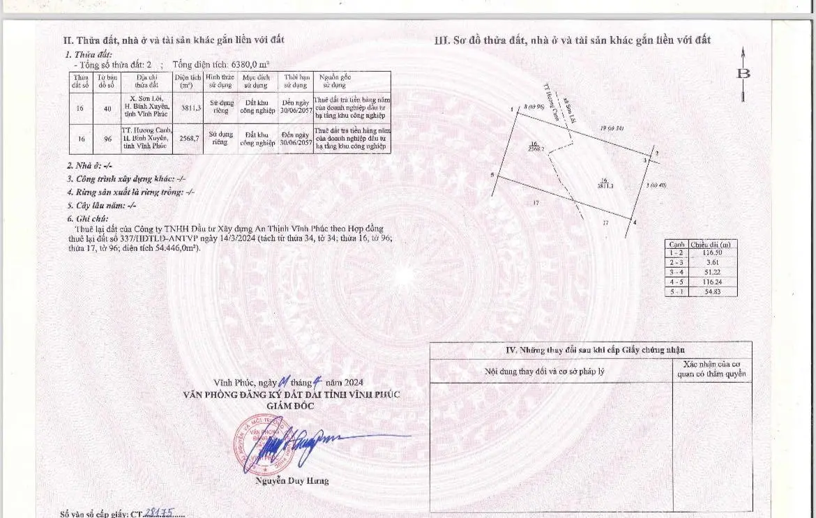 Chuyển nhượng 6380m KCN Bình Xuyên 1 mặt bằng sạch sẵn sang tên