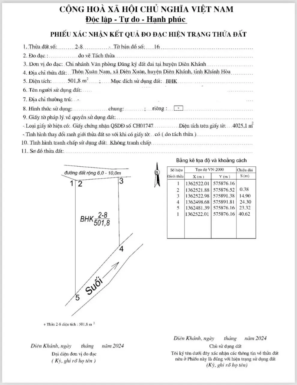 Giá rẻ bất ngờ bán 501,8m2 đất giáp suối nhỏ tại Diên Xuân, Diên Khánh