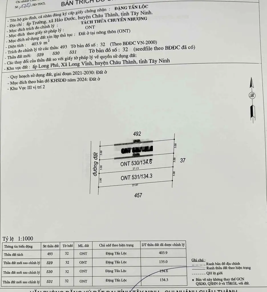 Bán 135m2 full thổ, sổ sẵn, 380tr đường nhựa, Châu thành, TN